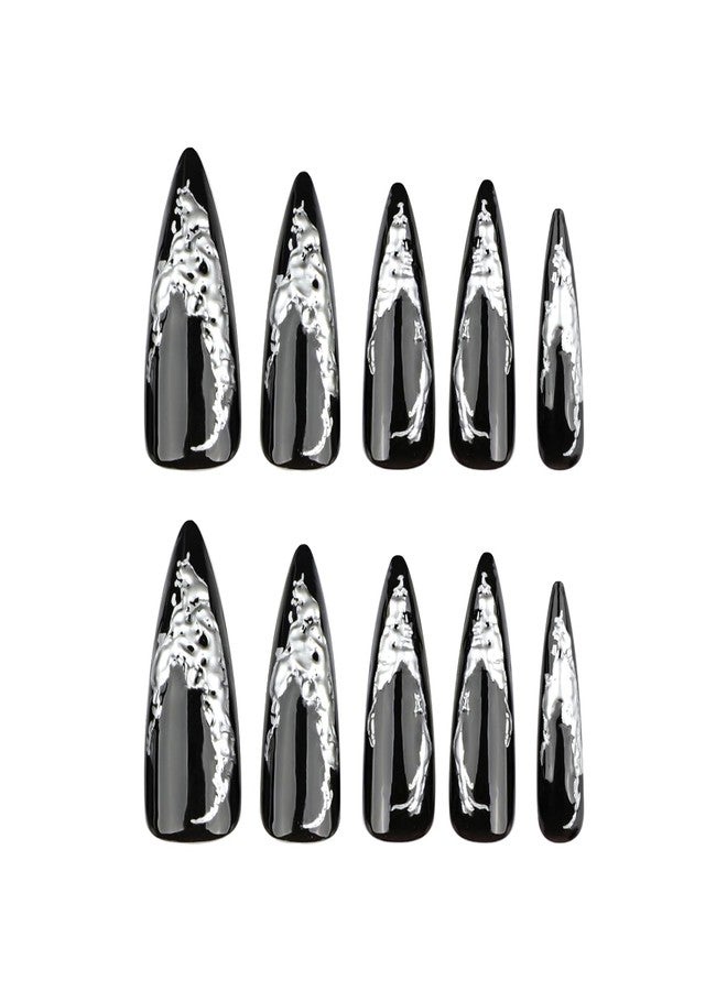 MISUD Press on Nails - Long Stiletto Glue on Nails with Goth Black, Acrylic 3D Silver Chrome Design 24 pcs - Image 2